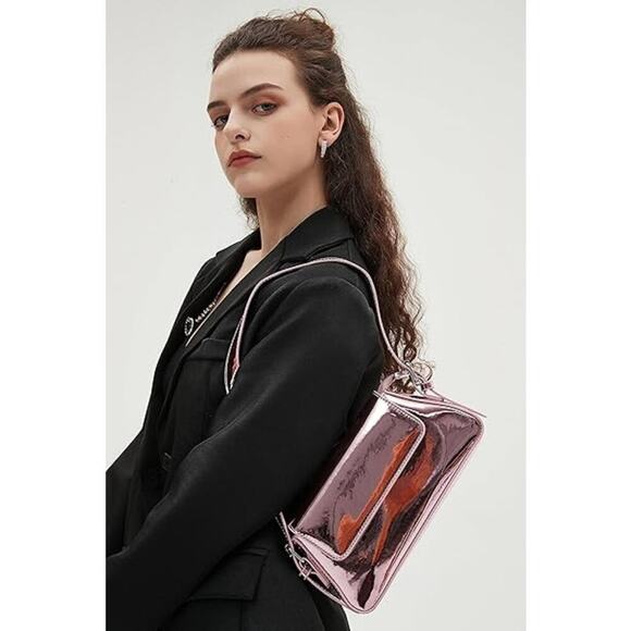 JBB Evening Bag Women Clutch Y2k Handbag Metallic Shoulder Bag Pink - Picture 3 of 6